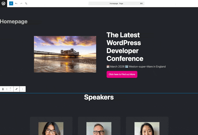 Animated Gif of ACF 6.7 Inline Editing feature for ACF Blocks.