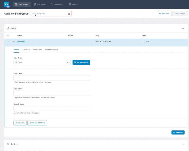An animation showing how close and add field works in ACF 6.3.10