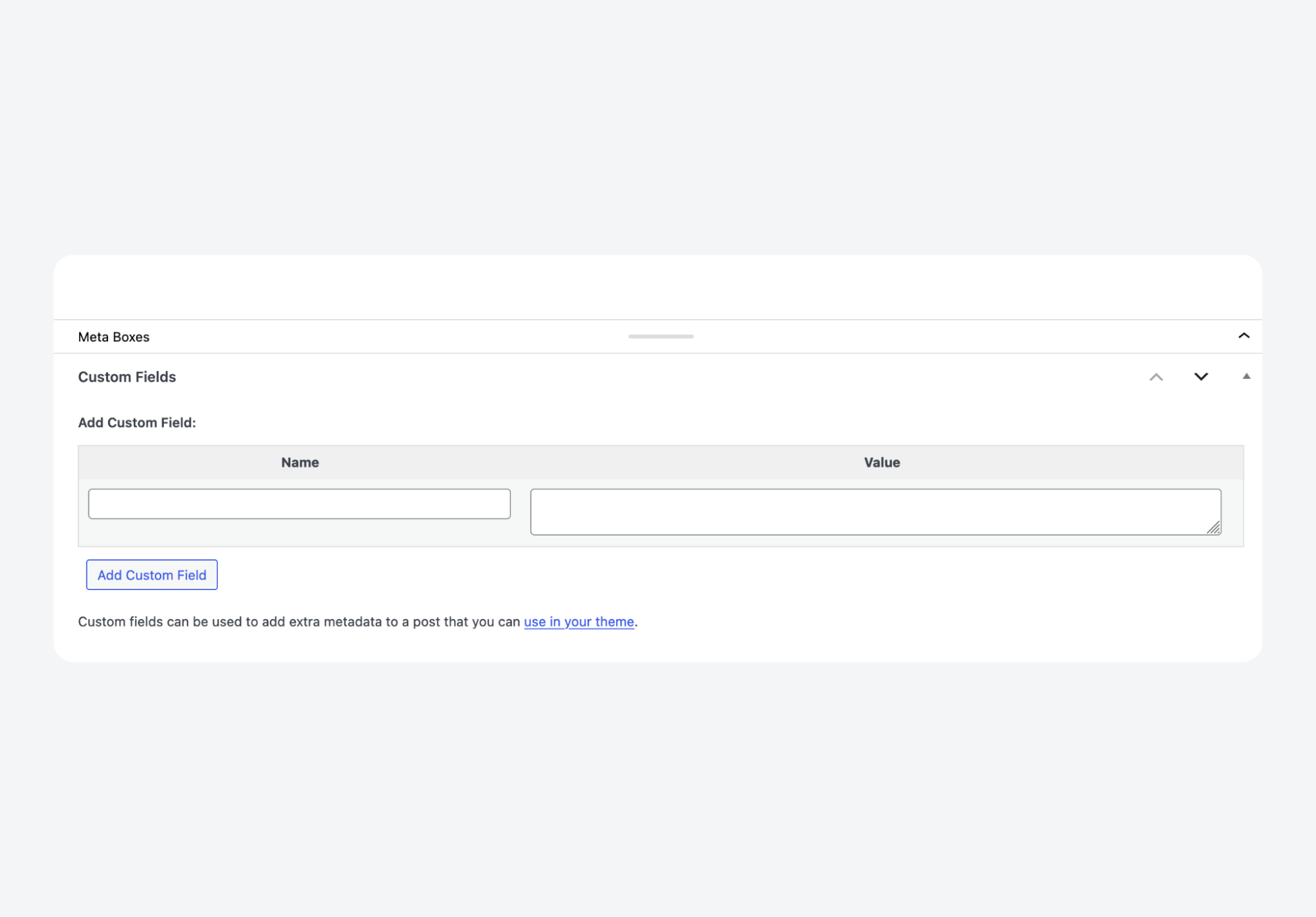 The native WordPress custom fields panel