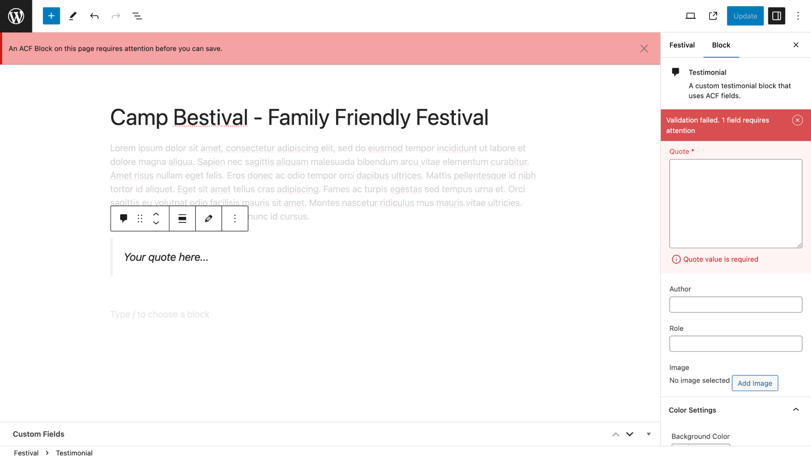 ACF Block field validation in the block editor UI