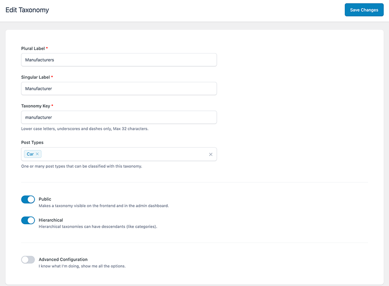 The custom taxonomy editing screen in ACF, showing the options described in the text of the article. 