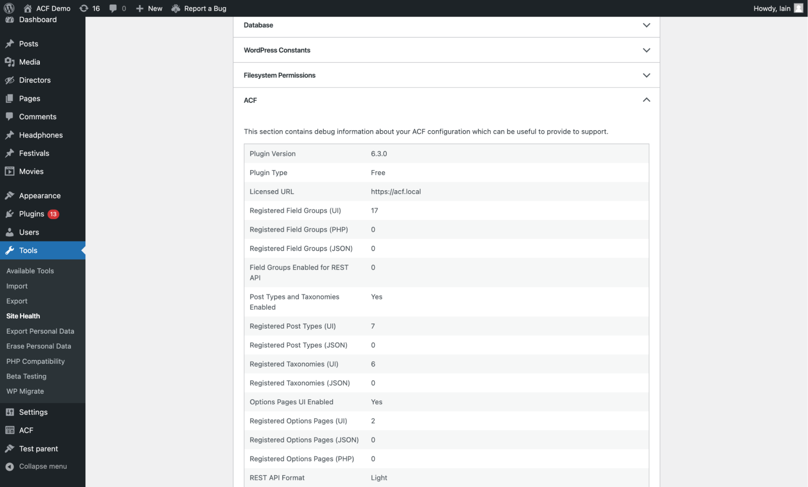 ACF panel in Site Health of WordPress admin