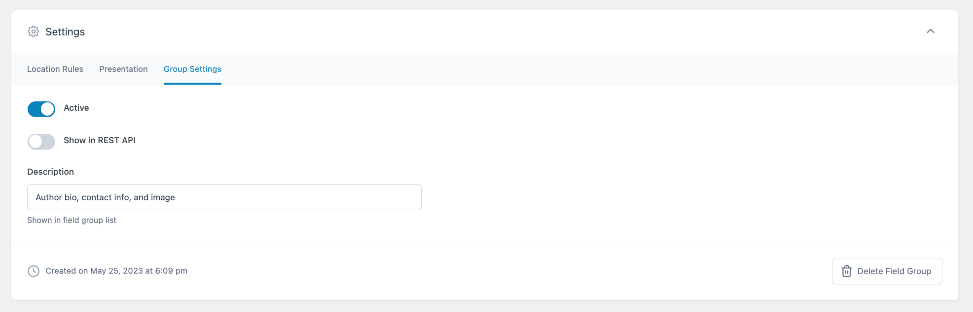Adjusting group settings for our field group.