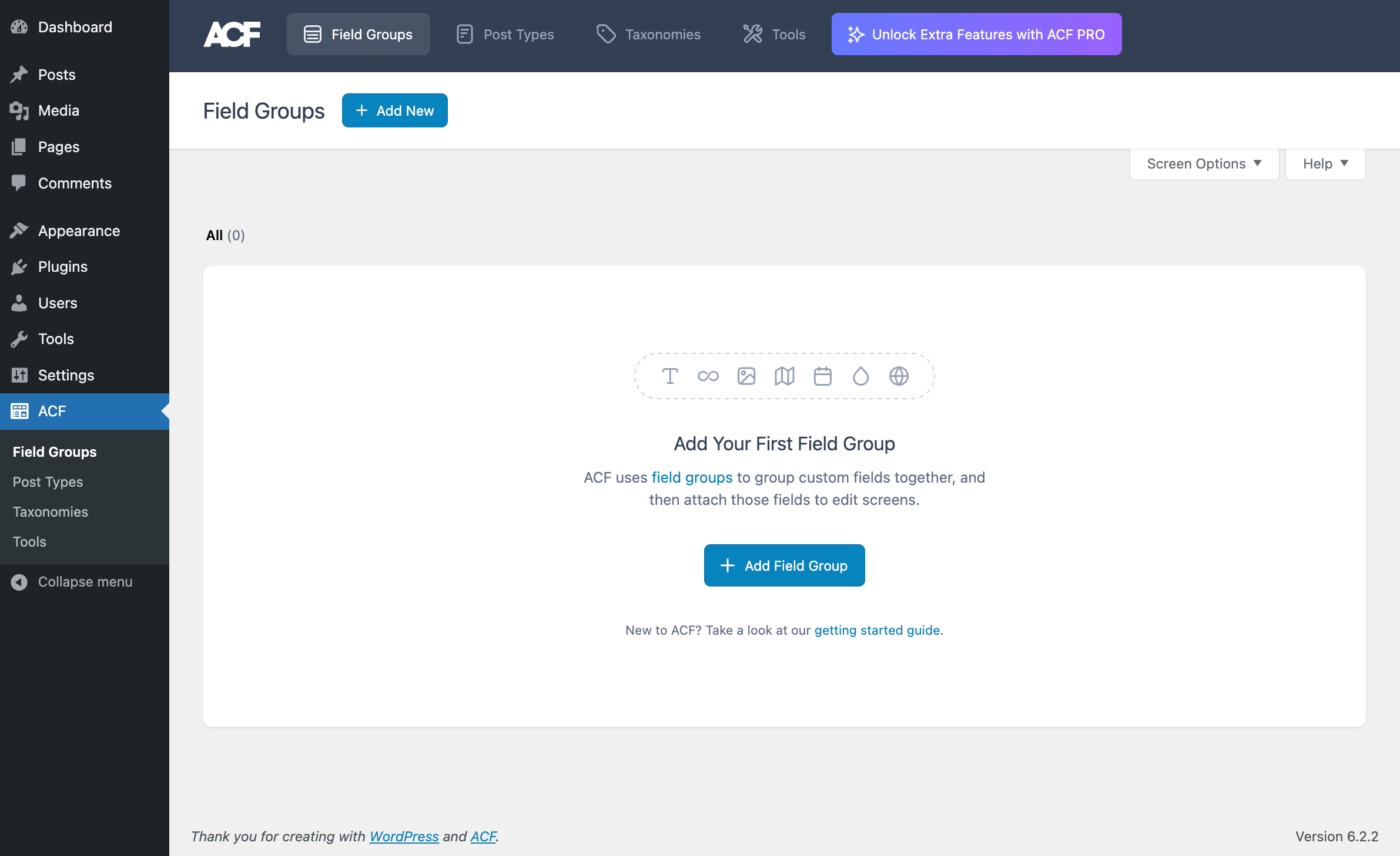 The welcome screen in the field group editor.