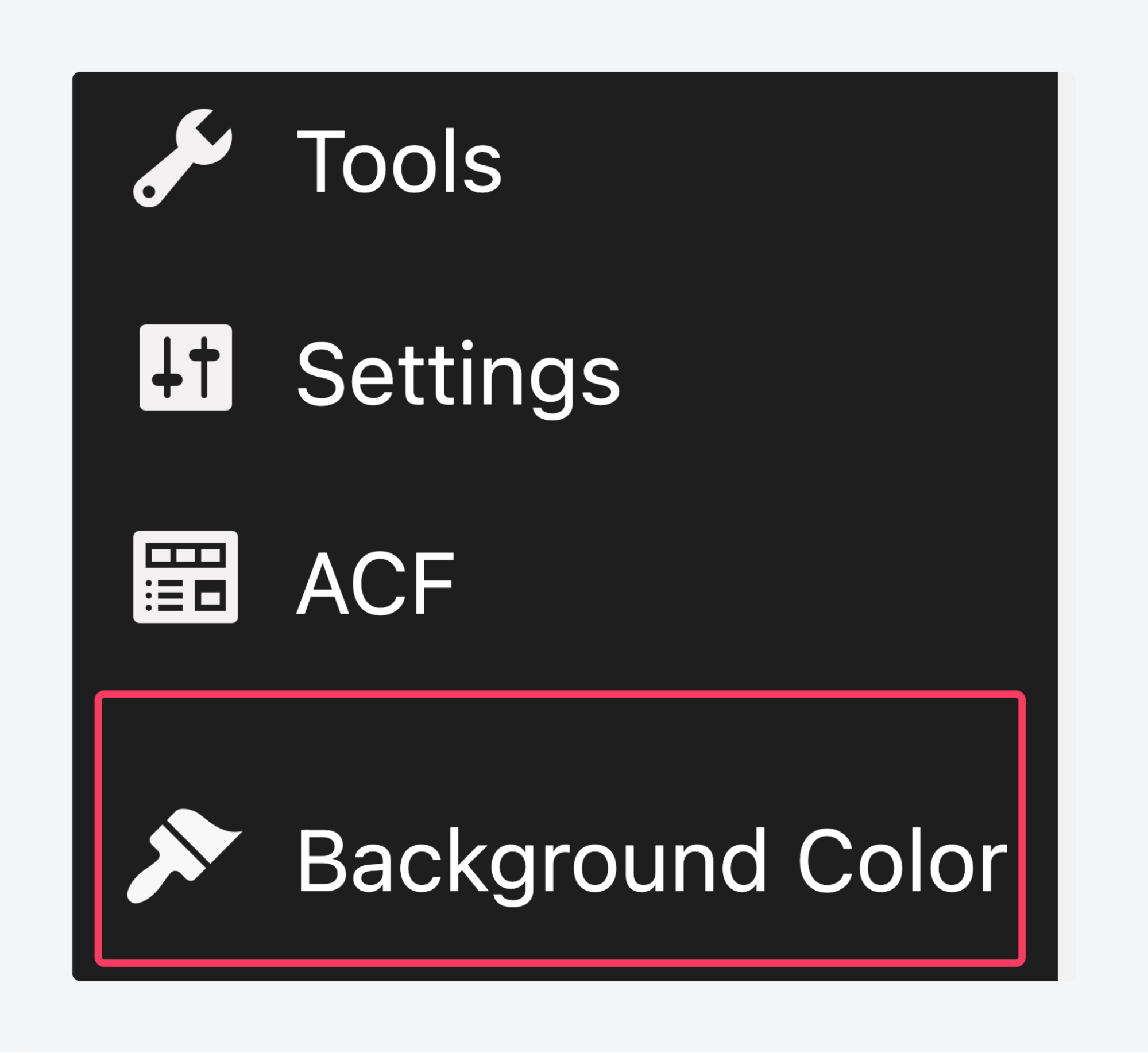 An admin menu item for a custom plugin